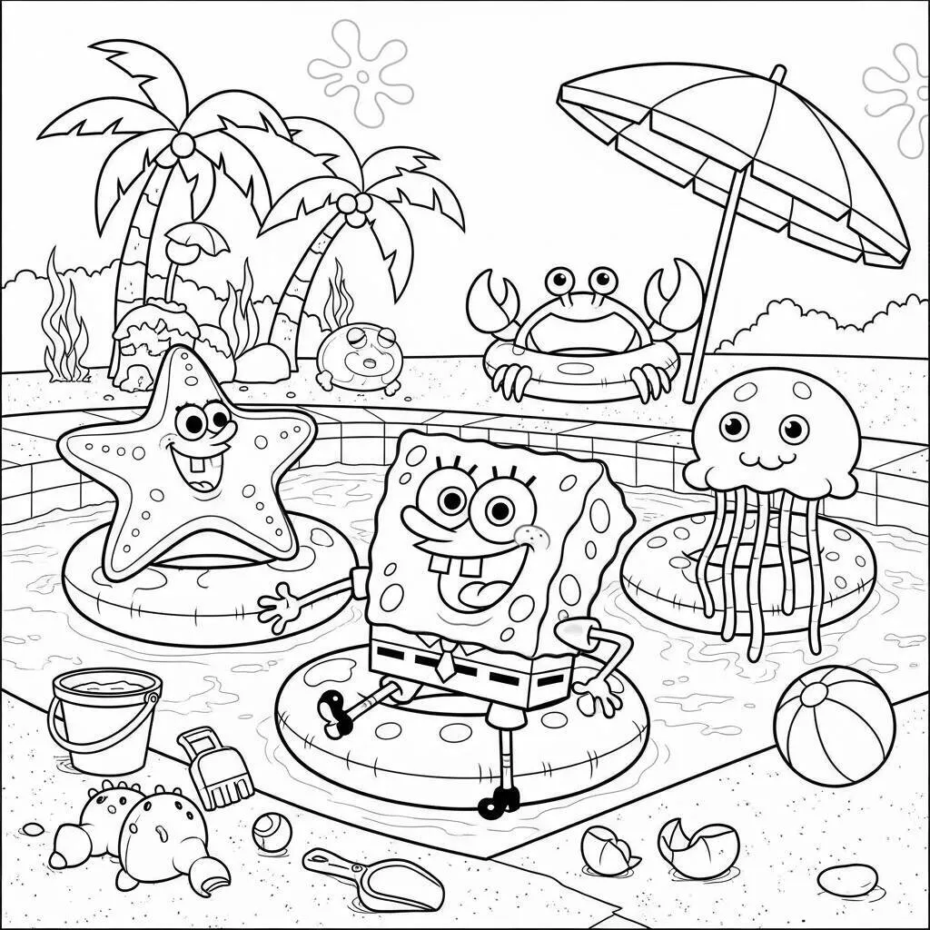 Desenho-de-Bob-Esponja-e-a-Festa-na-Piscina-para-Colorir Dibujo para colorear de Bob Esponja y la fiesta en la piscina