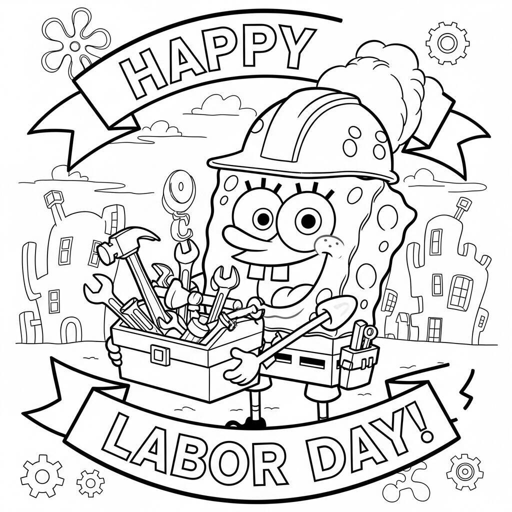 Pagina da colorare di SpongeBob e Festa del Lavoro