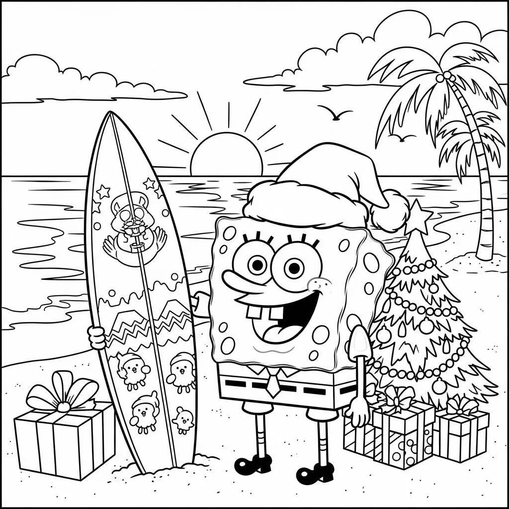 Desenho-de-Bob-Esponja-e-o-Natal-na-Praia-para-Colorir Desenho de Bob Esponja e o Natal na Praia para Colorir