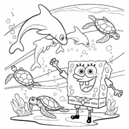 Desenho de Bob Esponja e os Animais Marinhos para Colorir