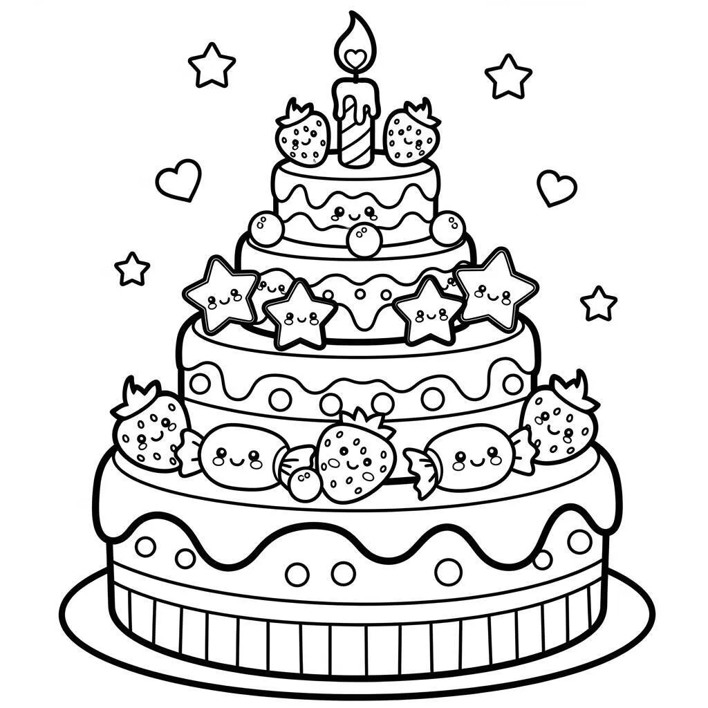 Desenho de Bolo Kawaii para Colorir