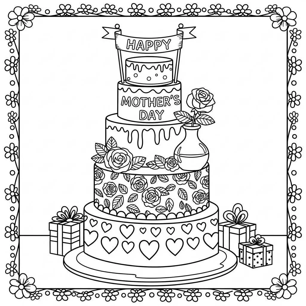 Desenho de Bolo de Dia das Mães para Colorir