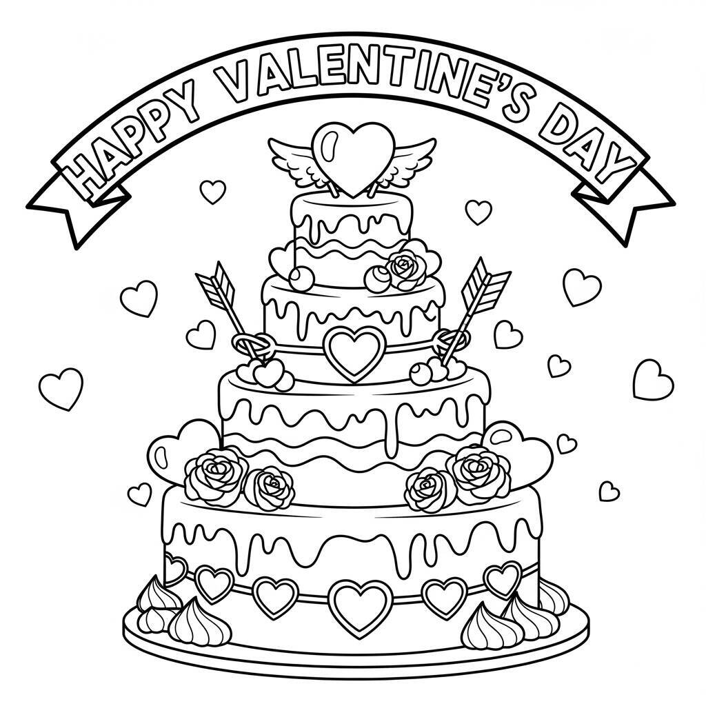 Valentinstag-Kuchen-Malvorlage