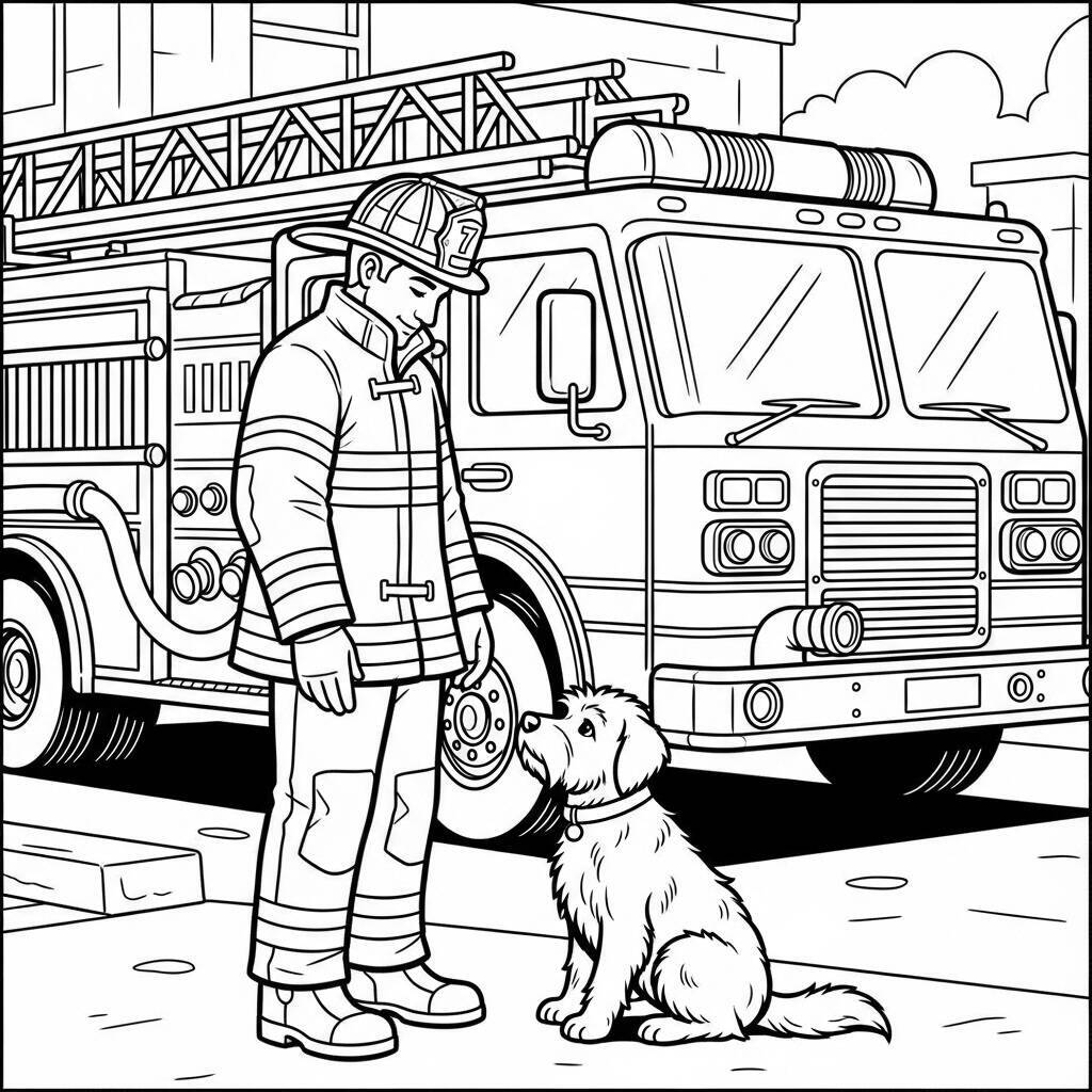 Desenho de Bombeiro com Animais para Colorir