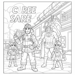 Desenho de Bombeiro com Super-Heróis para Colorir