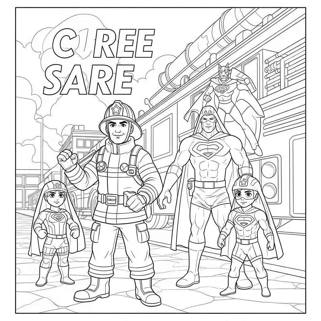 Desenho-de-Bombeiro-com-Super-Herois-para-Colorir Desenho de Bombeiro com Super-Heróis para Colorir