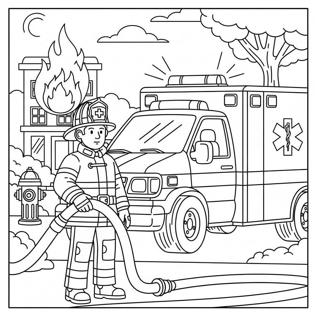Desenho de Bombeiro e Ambulância para Colorir