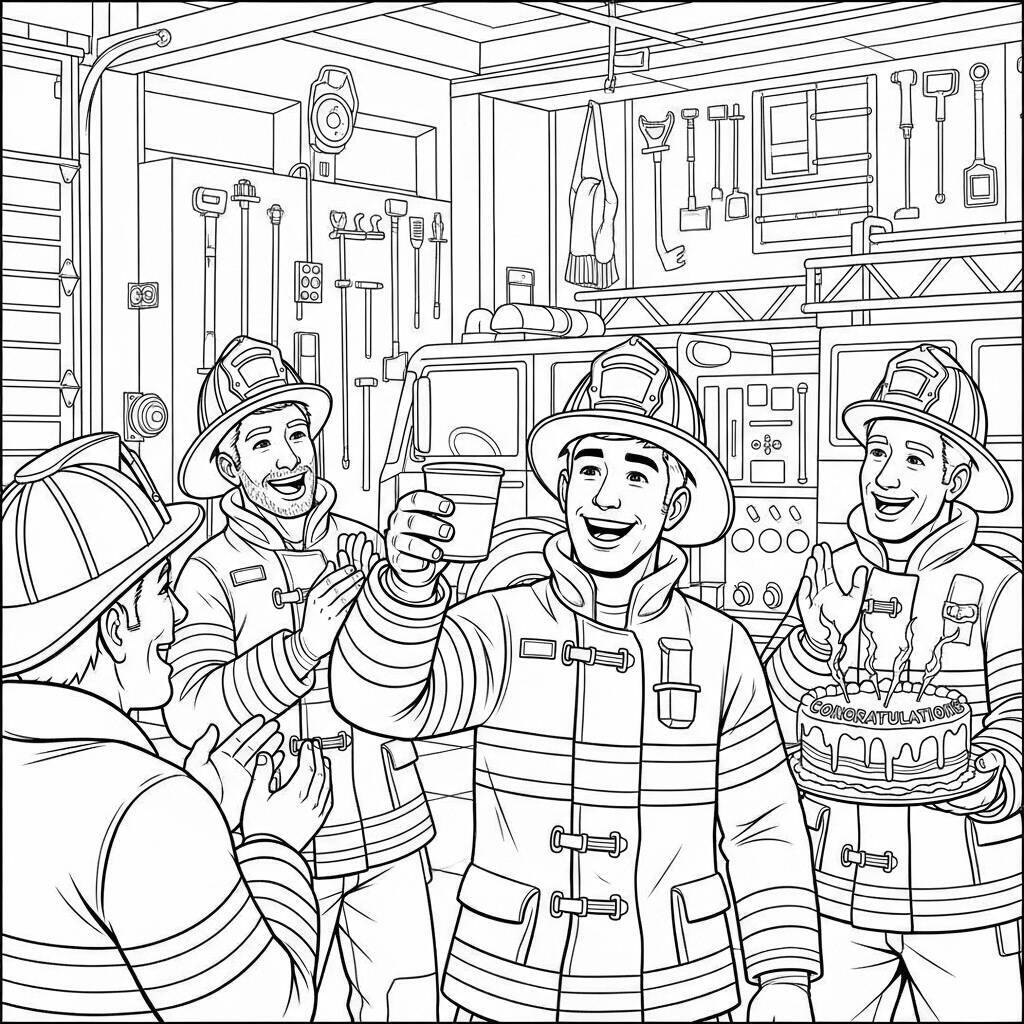 Desenho de Bombeiro e Amigos para Colorir