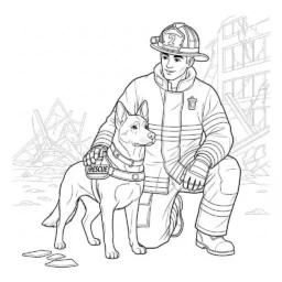 Desenho de Bombeiro e Cão de Resgate para Colorir