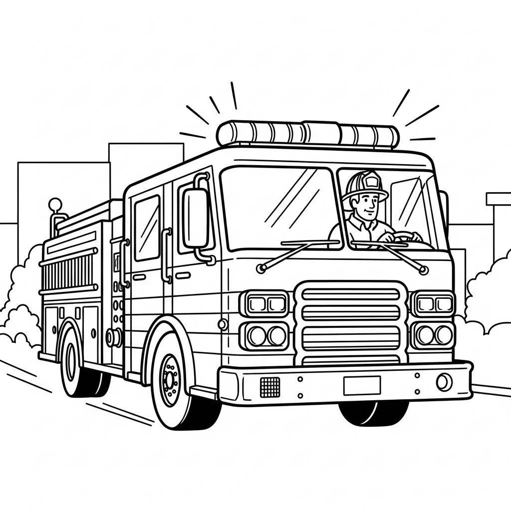 Desenho de Bombeiro e Carro de Fogo para Colorir