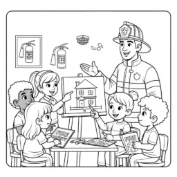 Desenho de Bombeiro e Crianças para Colorir