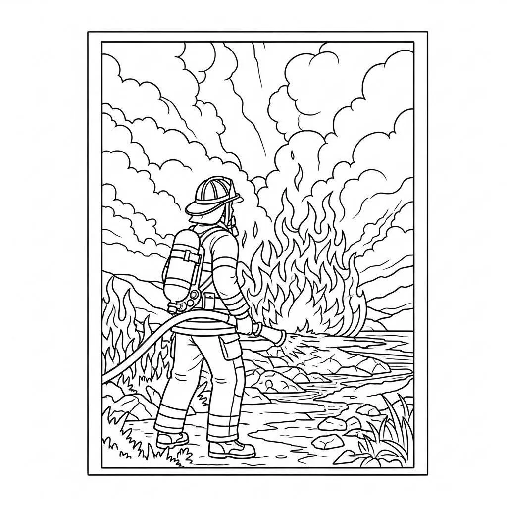 Desenho de Bombeiro e Desastre Natural para Colorir