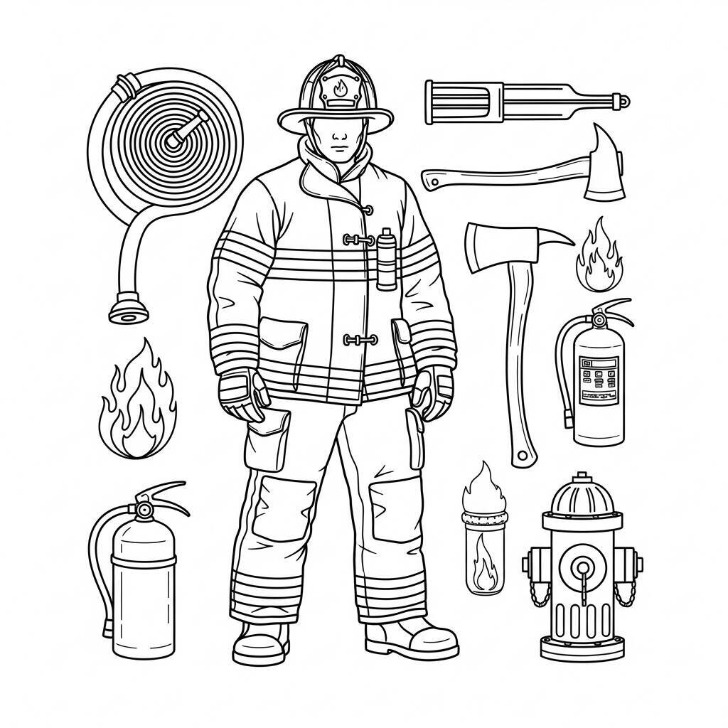 Desenho de Bombeiro e Equipamentos para Colorir