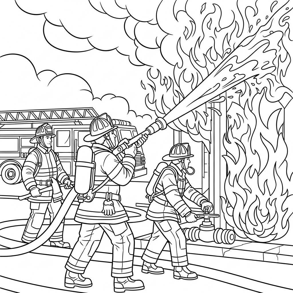 Desenho de Bombeiro e Equipe para Colorir