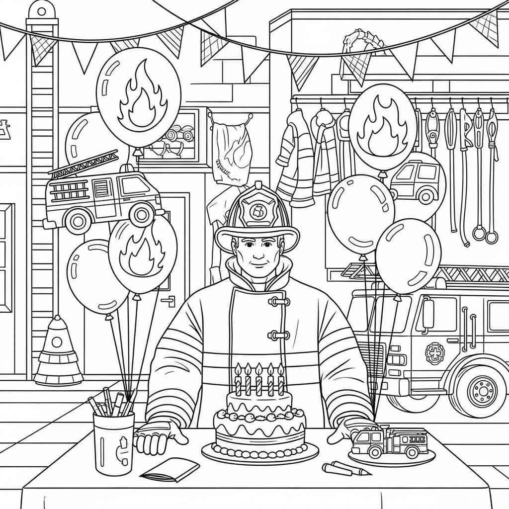 Desenho de Bombeiro e Festa para Colorir