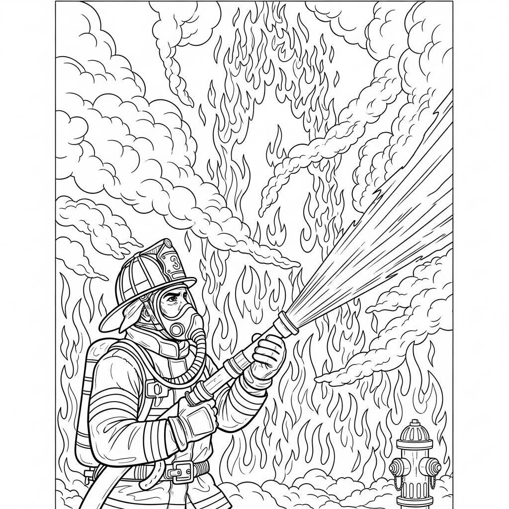 Desenho de Bombeiro e Fogo para Colorir