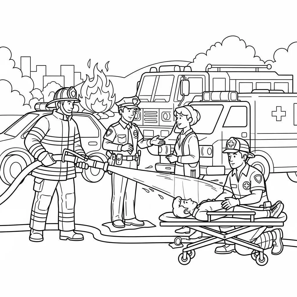 Desenho de Bombeiro e Trabalho em Equipe para Colorir