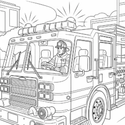 Desenho de Bombeiro e Veículo de Emergência para Colorir