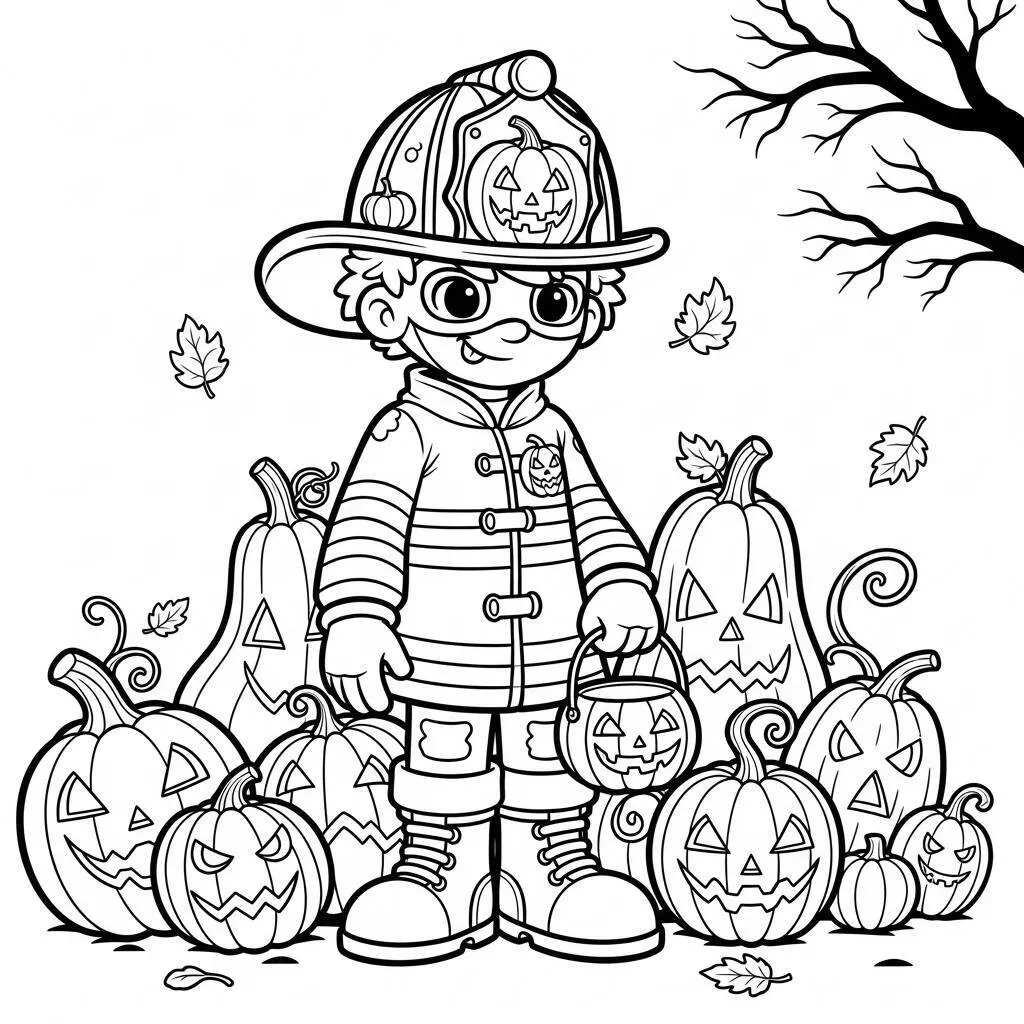 Desenho de Bombeiro em Dia de Halloween para Colorir