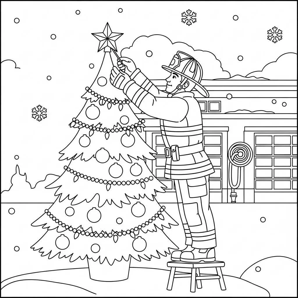 Desenho de Bombeiro em Dia de Natal para Colorir