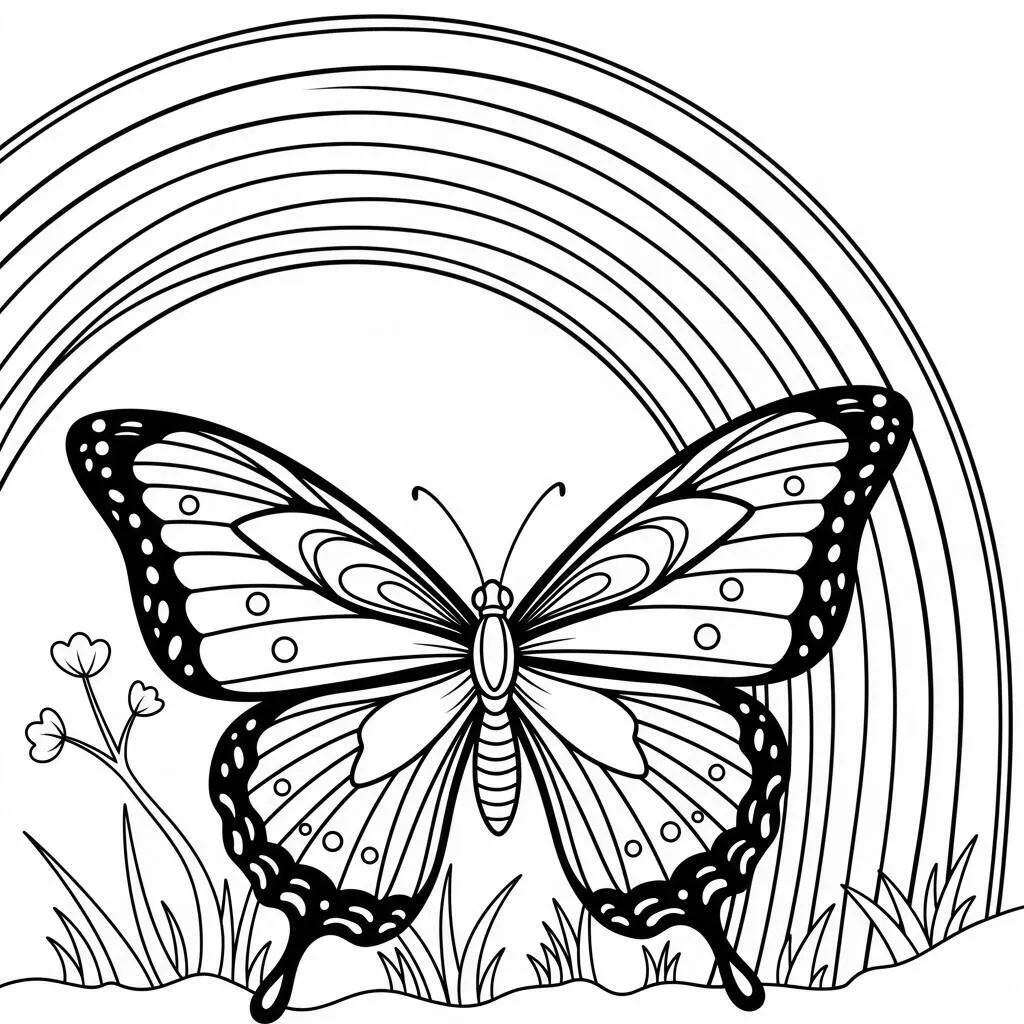 Desenho-de-Borboleta-e-Arco-Iris-para-Colorir Desenho de Borboleta e Arco-Íris para Colorir