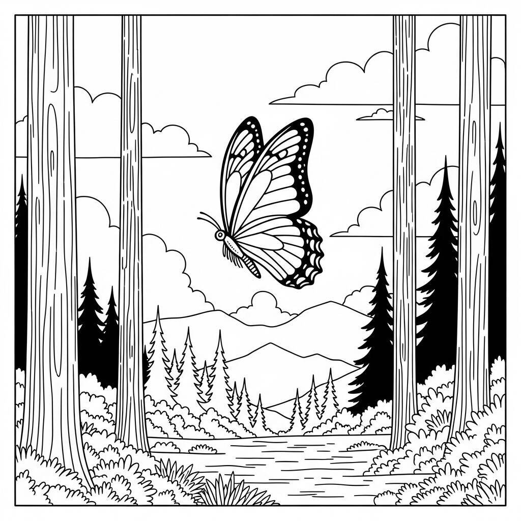 Coloriage papillon et arbres