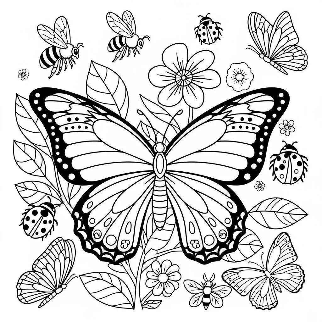 Desenho de Borboleta e Insetos para Colorir