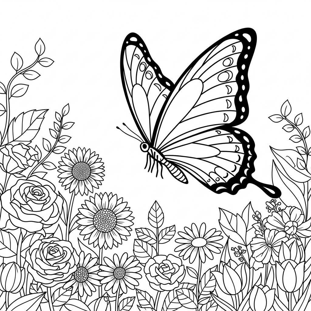 Coloriage papillon et jardin