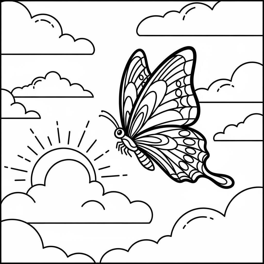 Coloriage papillon et nuages