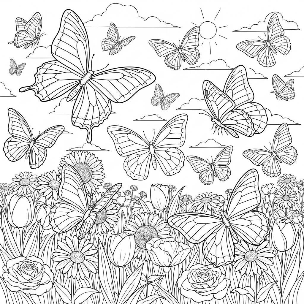 Desenho de Borboletas e Flores para Colorir