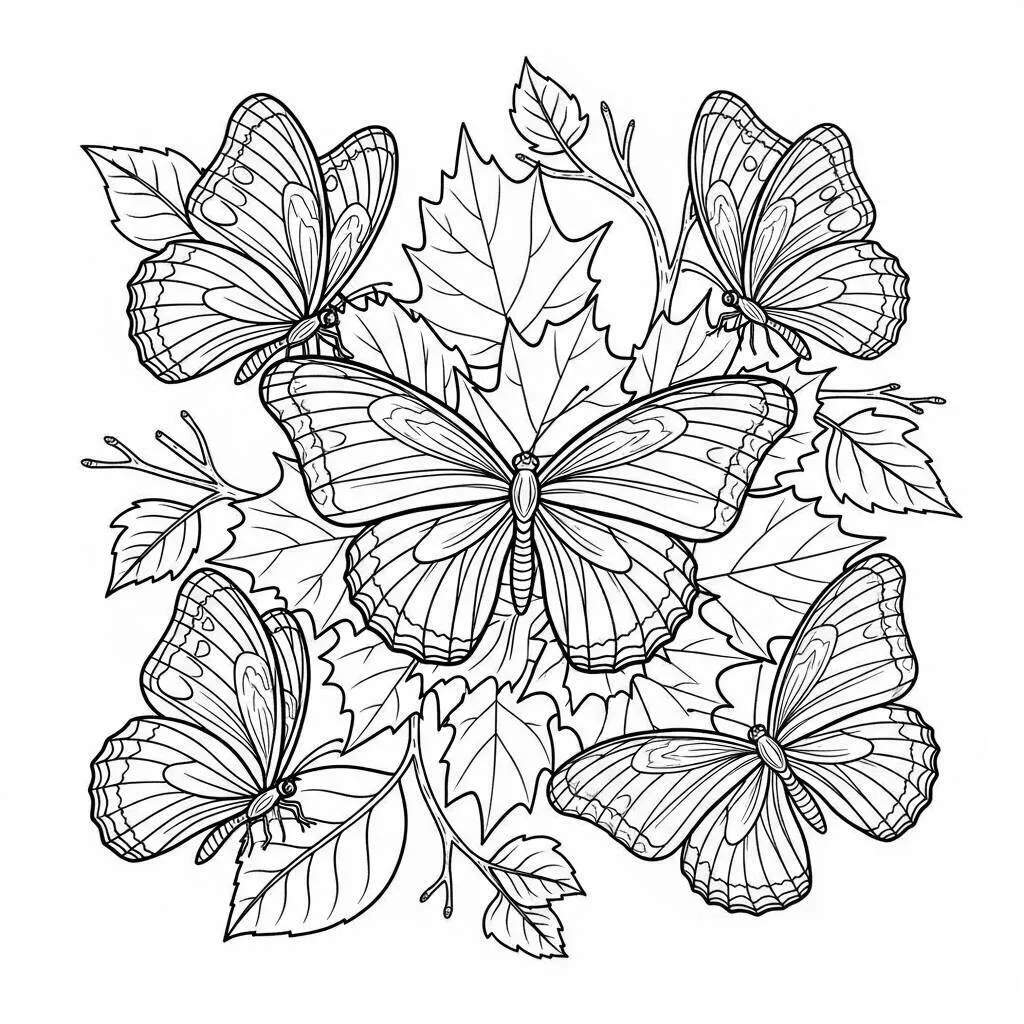 Desenho-de-Borboletas-em-Folhas-de-Outono-para-Colorir Desenho de Borboletas em Folhas de Outono para Colorir