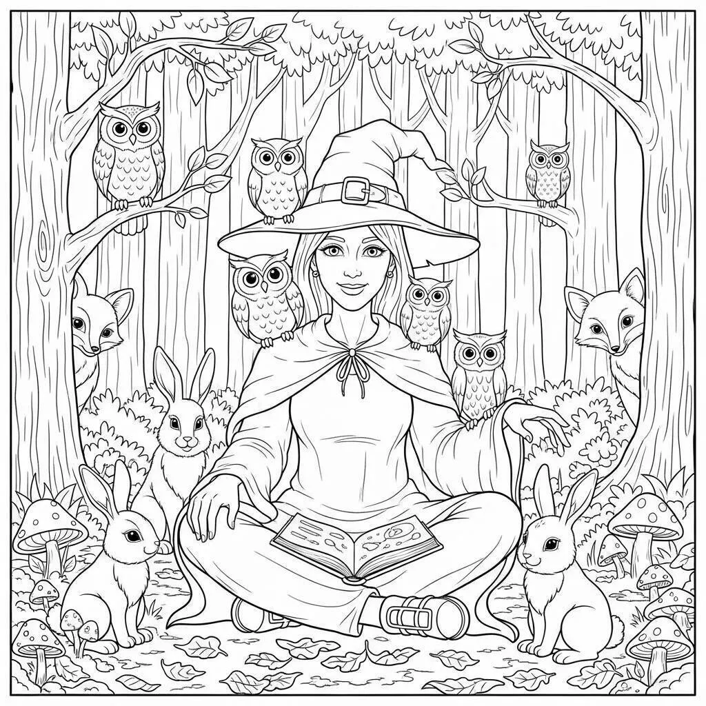 Desenho de Bruxa com Animais Mágicos para Colorir