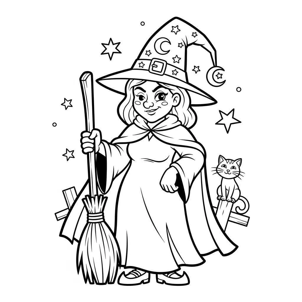Desenho de Bruxa com Chapéu Pontudo para Colorir