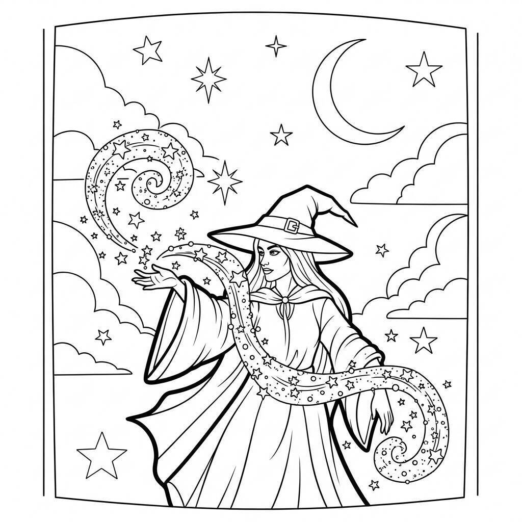 Malvorlage Hexe mit Sternen