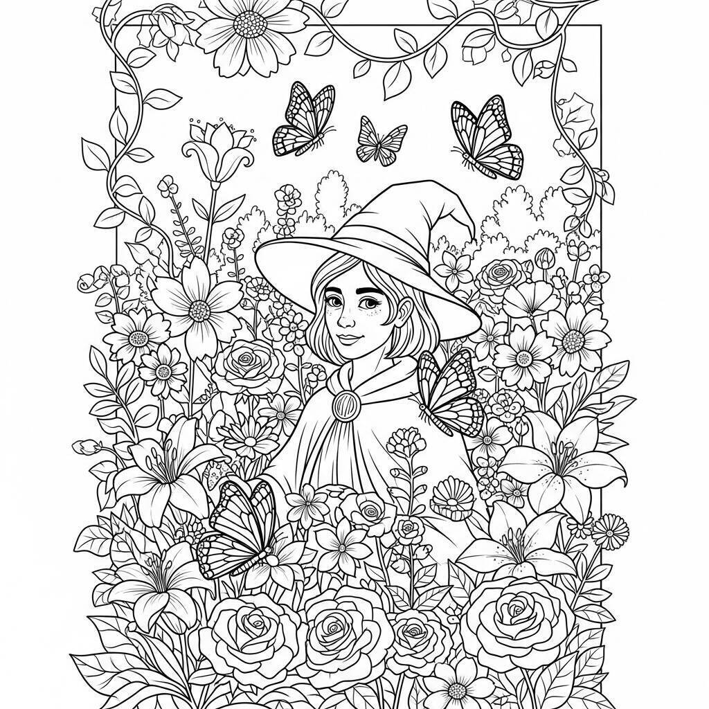 Malvorlage Hexe mit Blumen