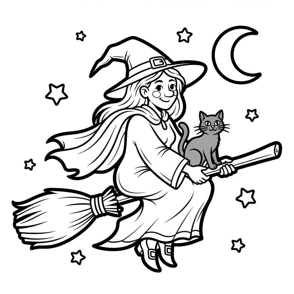 Desenho de Bruxa com Gato Preto para Colorir