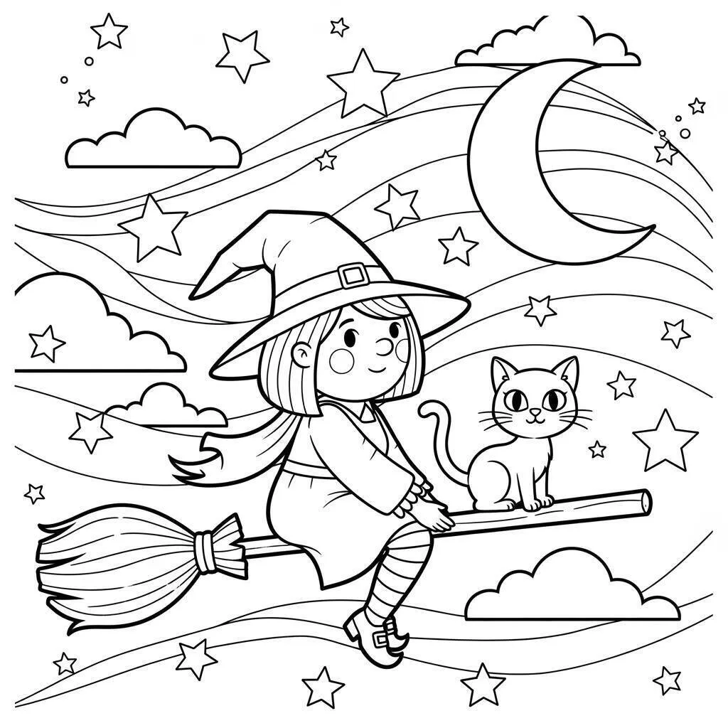 Desenho de Bruxa com Gato para Colorir