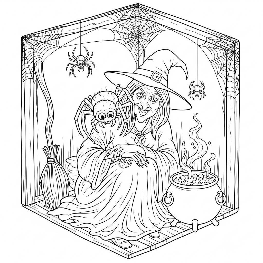 Malvorlage Hexe und Spinne
