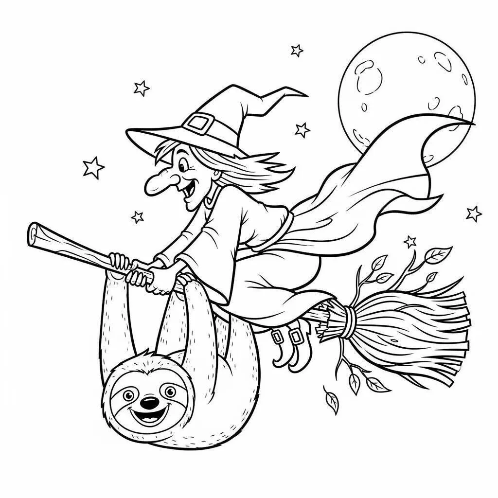 Desenho de Bruxa e Bicho-Preguiça para Colorir