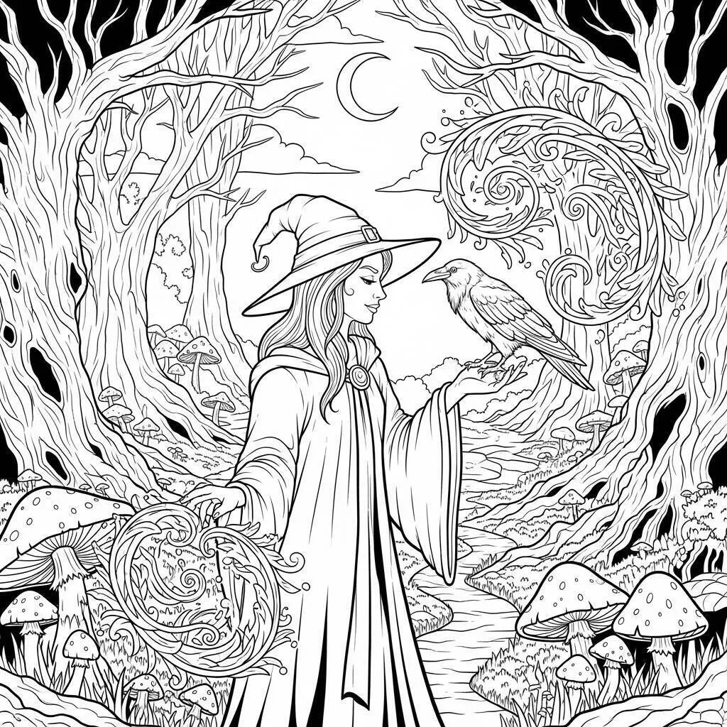 Desenho de Bruxa e Corvo para Colorir