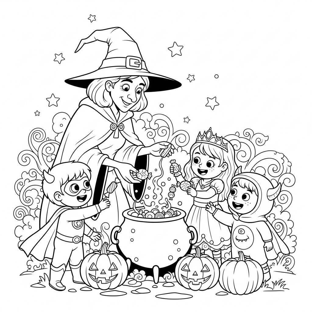 Malvorlage Hexe und Kinder