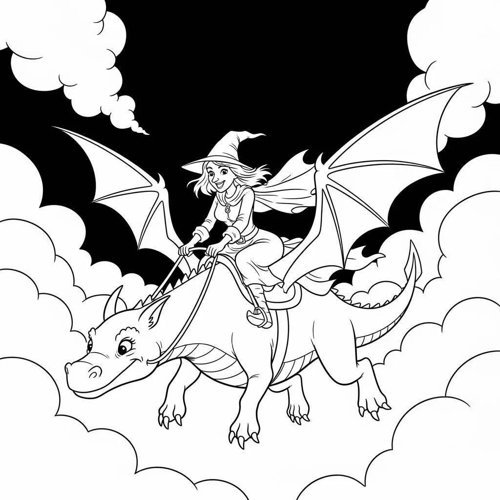 Desenho-de-Bruxa-e-Dragao-para-Colorir Desenho de Bruxa e Dragão para Colorir