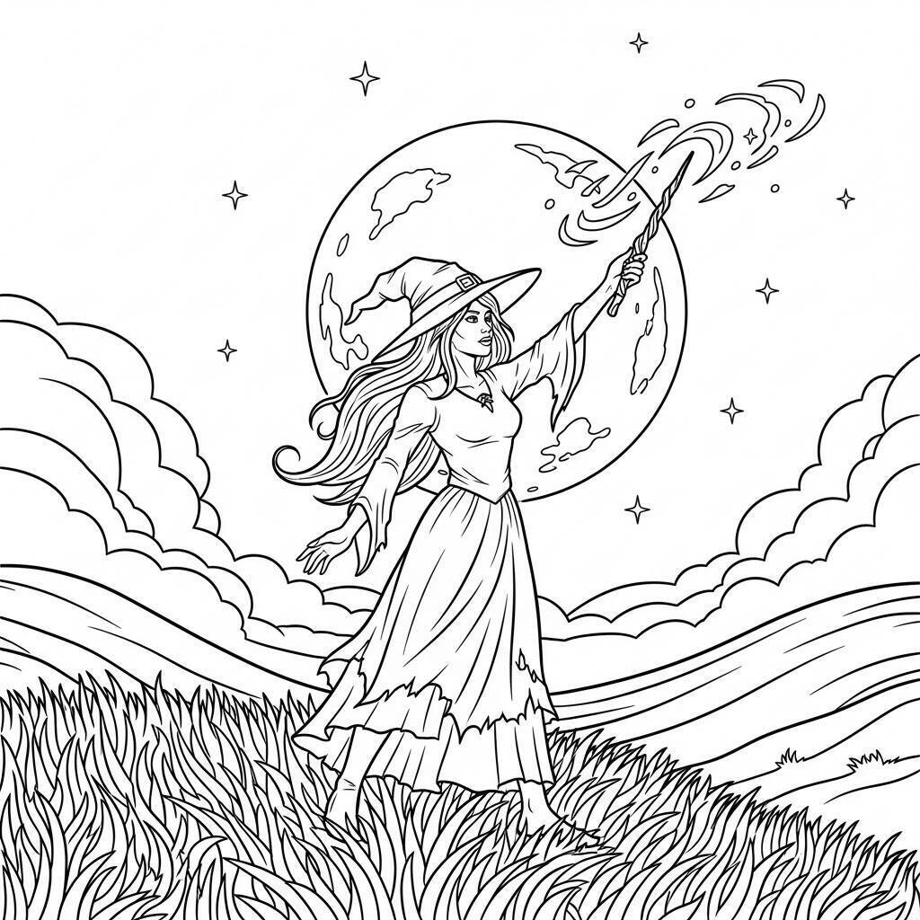 Malvorlage Hexe und Vollmond
