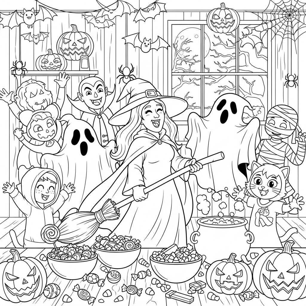 Malvorlage „Hexe auf der Halloween-Party“.