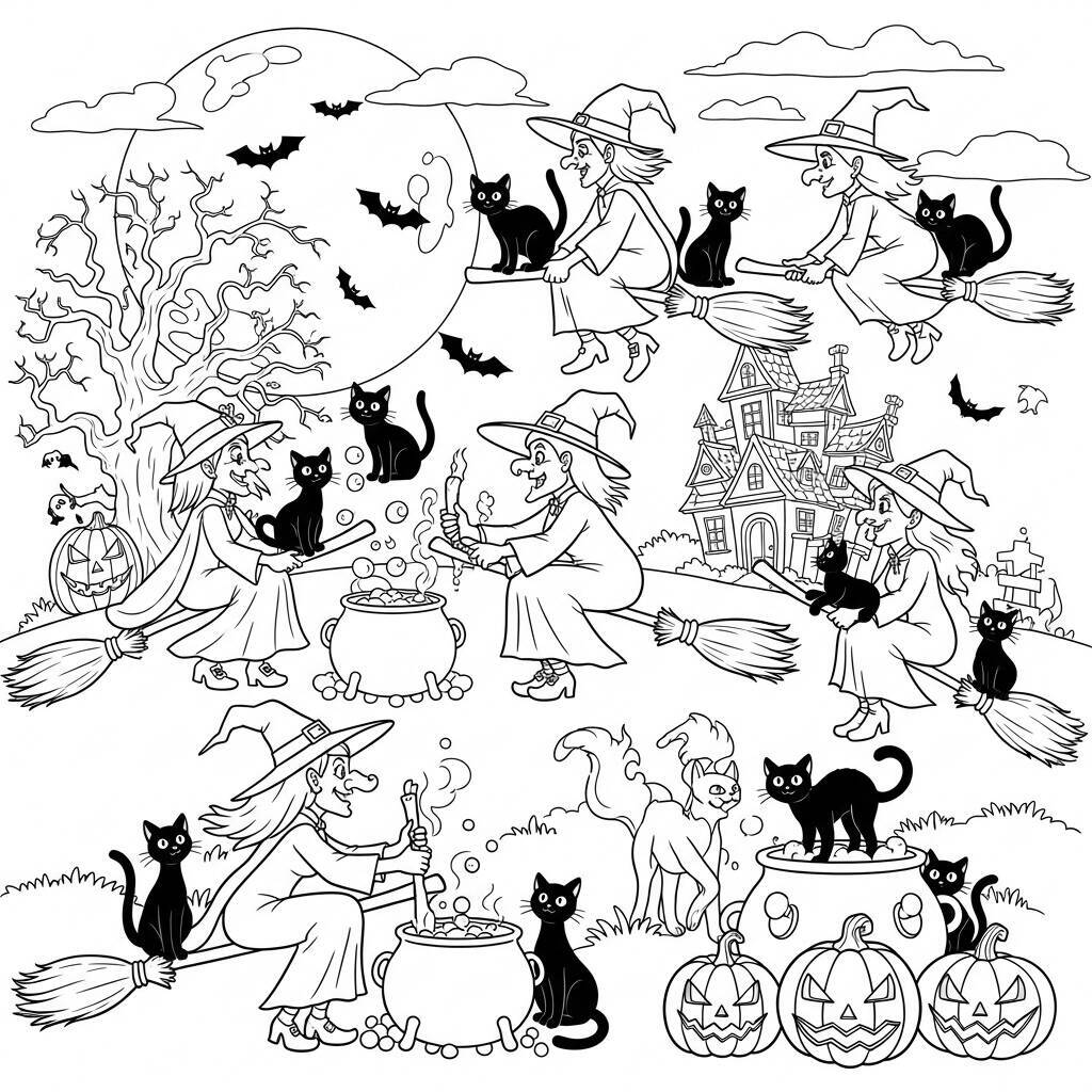 Desenho de Bruxas e Gatos para Colorir