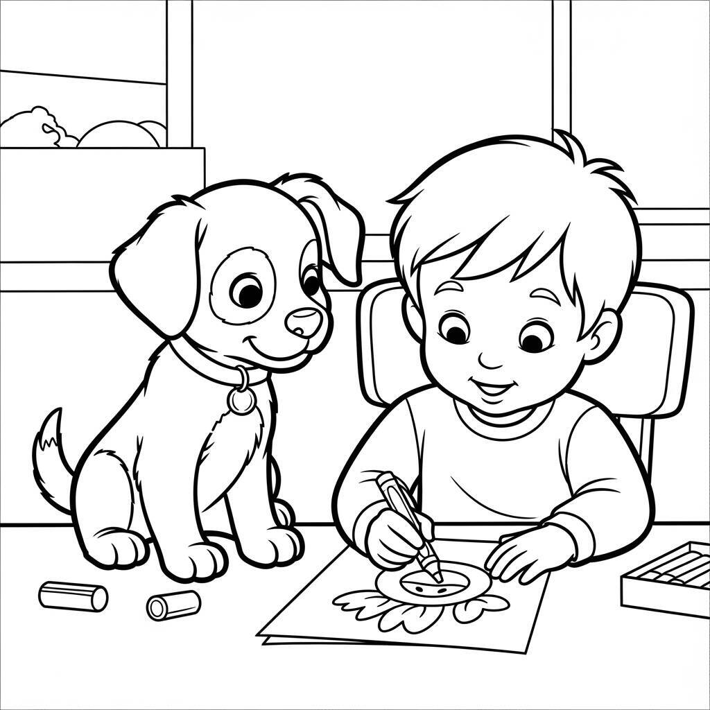 Desenho de Cachorrinho com Criança para Colorir