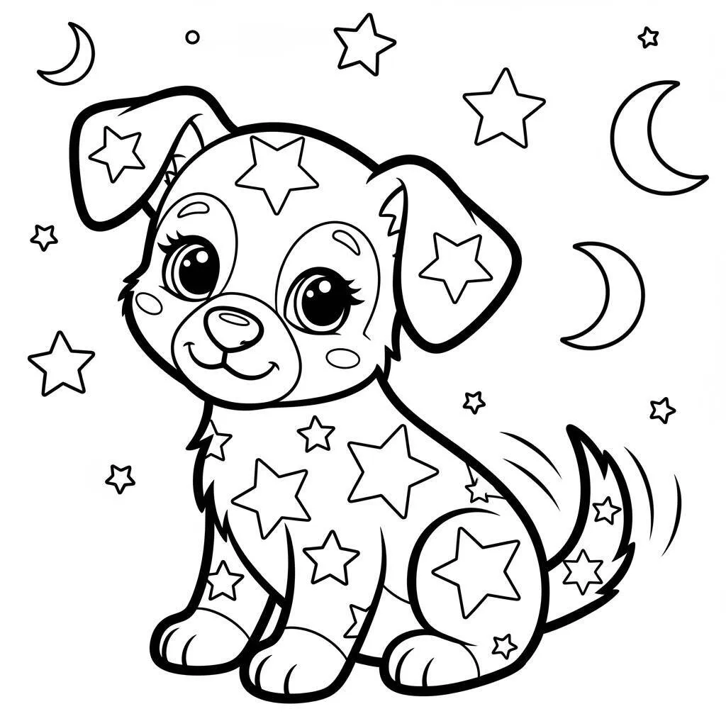 Desenho de Cachorrinho e Estrelas para Colorir