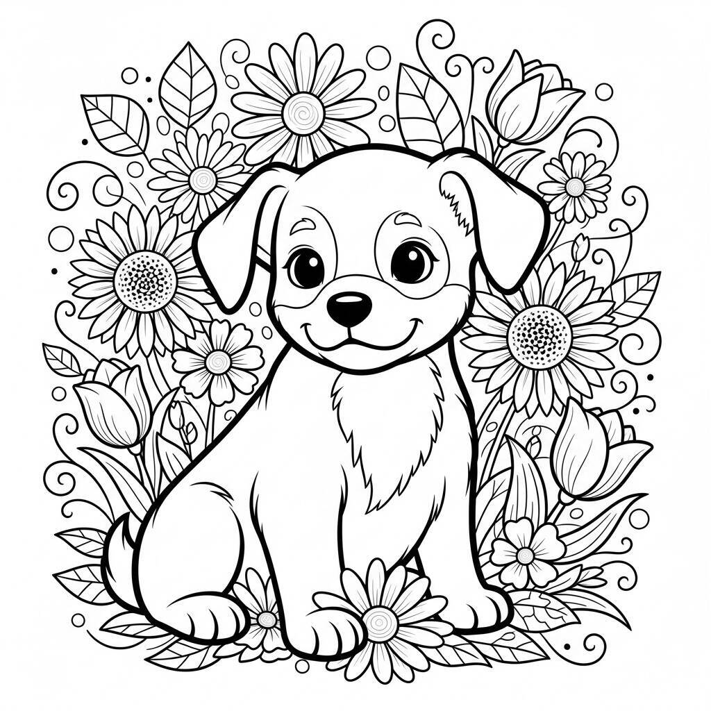 Desenho de Cachorrinho e Flores para Colorir