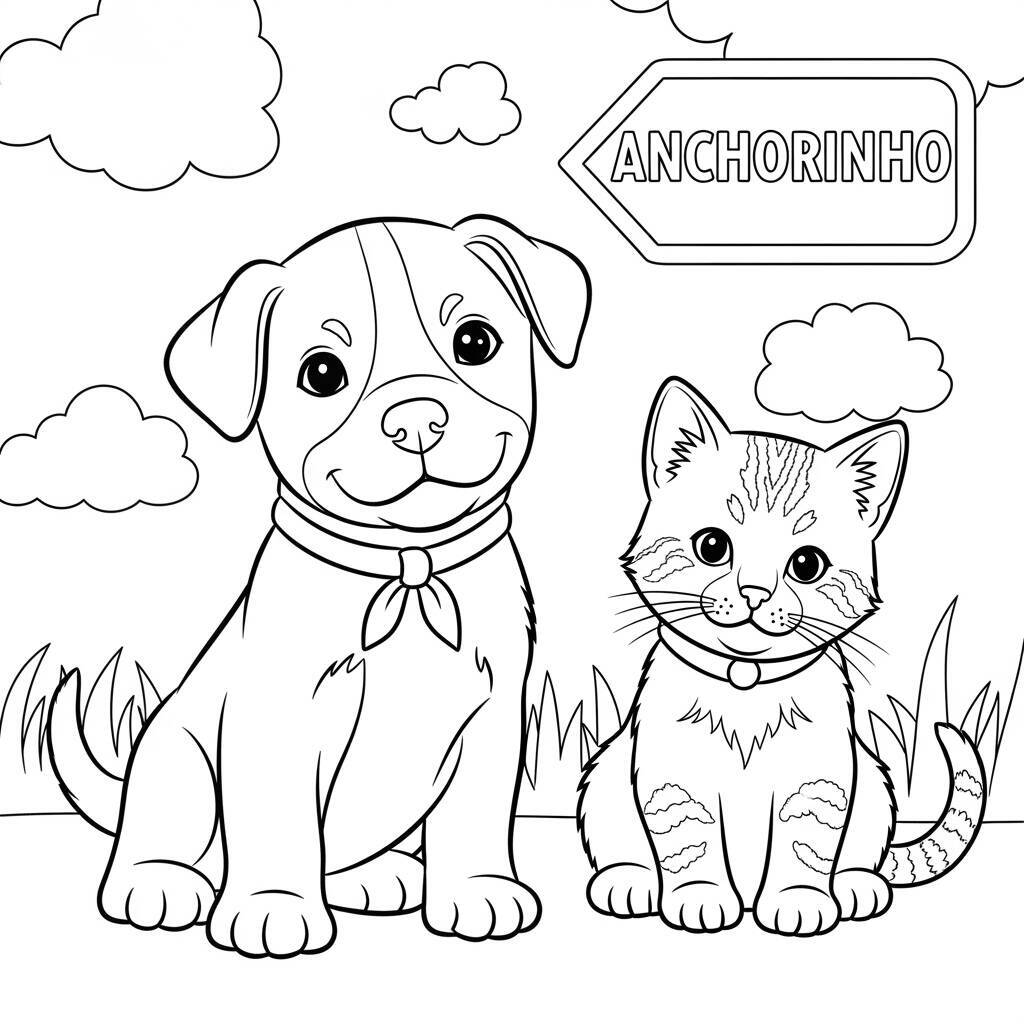 Desenho de Cachorrinho e Gato para Colorir