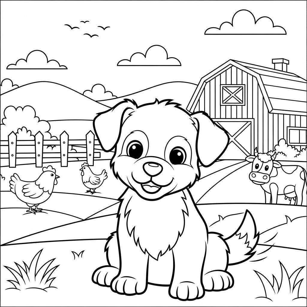 Desenho de Cachorrinho na Fazenda para Colorir